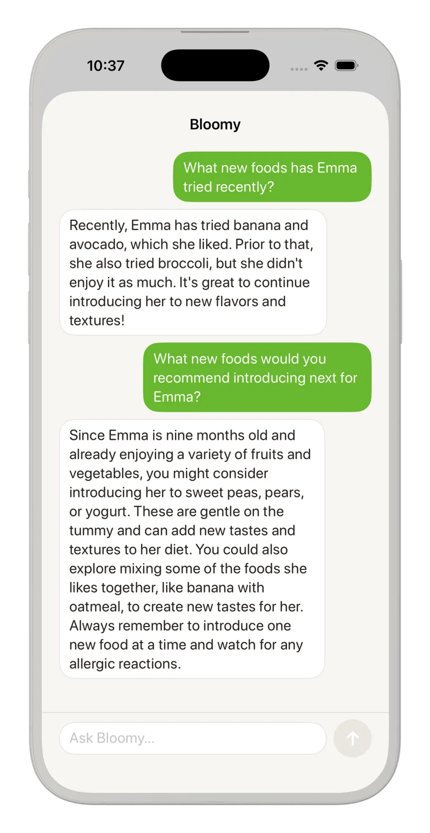 Sunny Seed AI assistant suggesting next foods from the baby's records