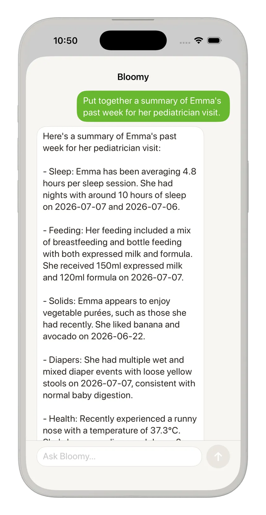 Sunny Seed AI assistant weekly summary for a pediatrician visit