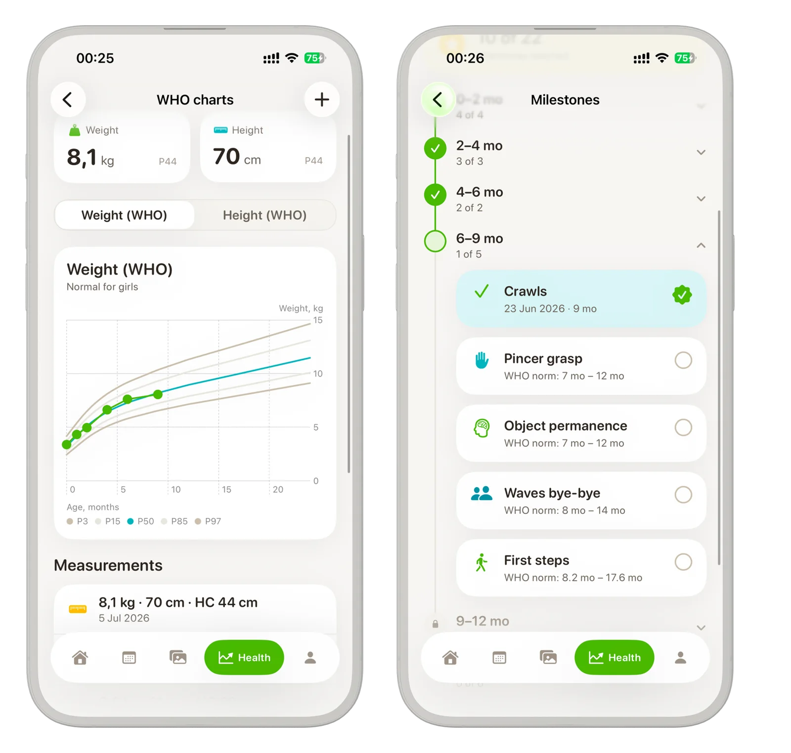 Sunny Seed WHO growth chart and developmental milestones screens