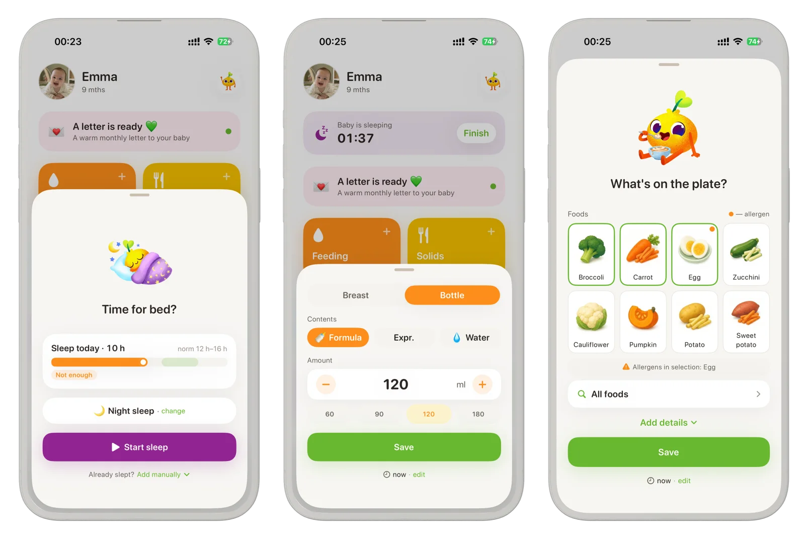 Sunny Seed sleep, feeding and solids tracker screens